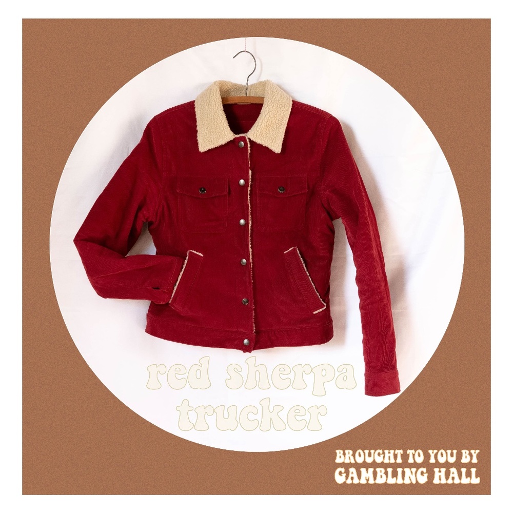 red corduroy sherpa trucker jacket